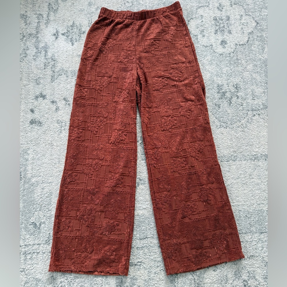 ZARA Women’s Rust Textured Jacquard Wide-Leg Pants Boho Floral Lounge Trousers M - Picture 2 of 12
